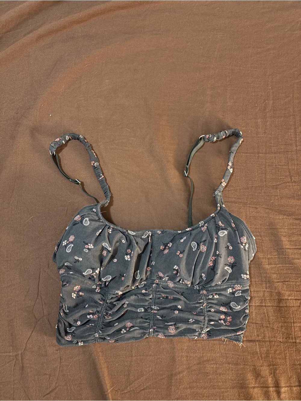 Floral Ruched Crop Cami Top - green